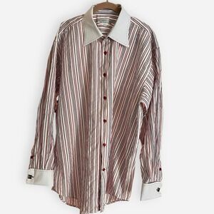Vintage Angelino Men's Button Down Shirt 18 French‎ Cuff White Red Black Stripe